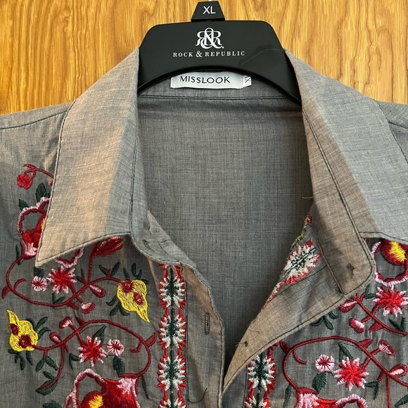 Mislook size 1X Gray Embroidered Button-Up Shirt - Picture 4 of 6